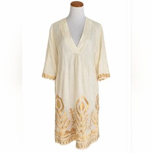 Greek Archaic Kori Linen Feather Embroidered Midi Dress New - Size XS